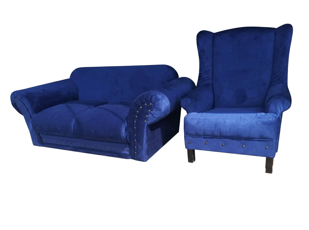 Restored blue velvet couch and wingback chair by Ishmael Upholstery